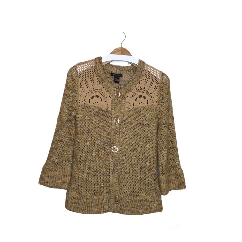 BCBGMAXAZRIA Button Up Sweater Cardigan Size M Crochet Lace 3/4 Flare Sleeve Tan